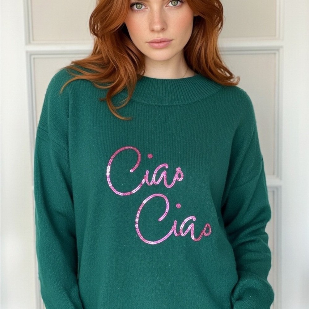 Green “Ciao” Sweater with Pink sequined Accents